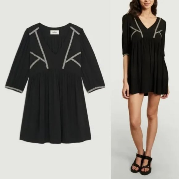 ba&sh Alma Embroidered 3/4 Sleeve Mini Swing Dress in Black and White - Picture 3 of 9